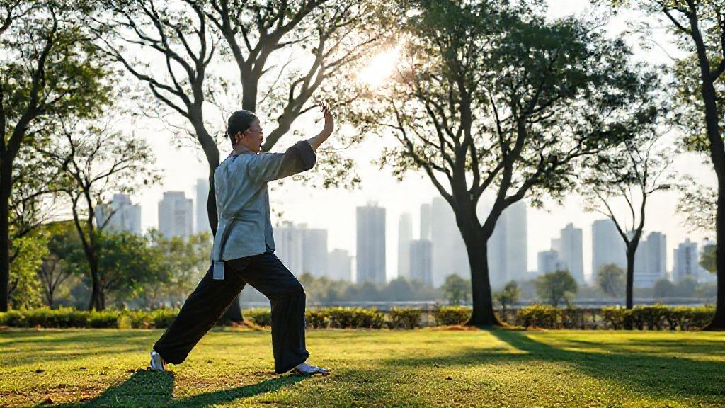 一位太极拳练习者在深圳公园中,阳光透过树叶,背景是城市天际线,画面宁静祥和。 一位太极拳练习者在深圳公园中,阳光透过树叶,背景是城市天际线,画面宁静祥和。