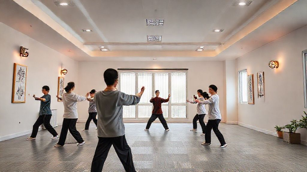 深圳一间现代、干净的太极拳训练室,学生们正在练习,灯光温暖,氛围温馨。 深圳一间现代、干净的太极拳训练室,学生们正在练习,灯光温暖,氛围温馨。